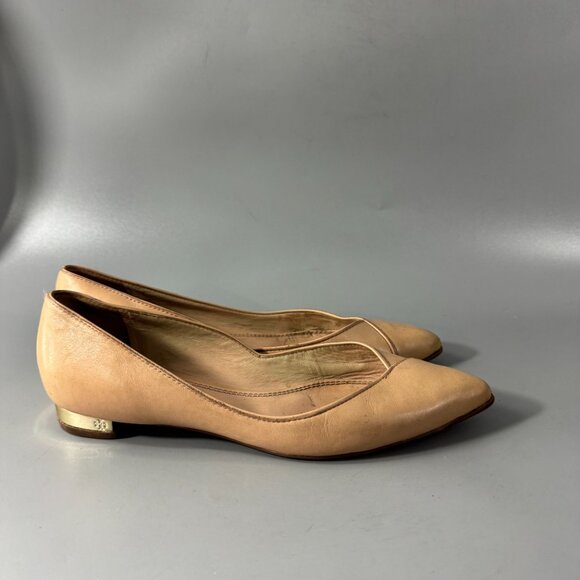 Tory Burch Pointed-Toe Ballerina Cream Leather Flats with Gold Heel, Size 8.5 - Picture 2 of 15